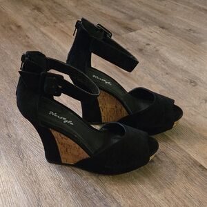 Herstyle Black Wedge Sandals with Cork Detail